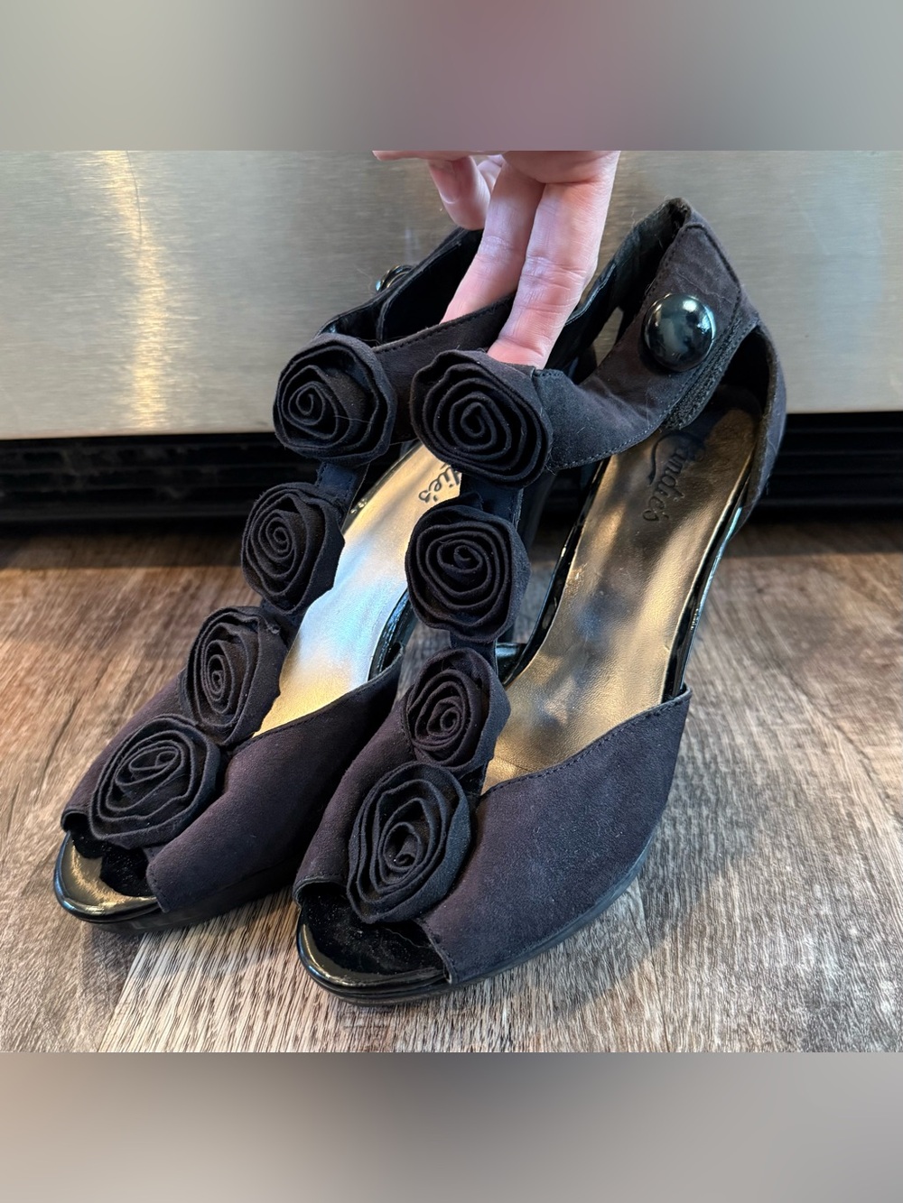 Candies Black Rosette Peep Toe Heel Velcro Adjustable Strap 9 Formal Prom